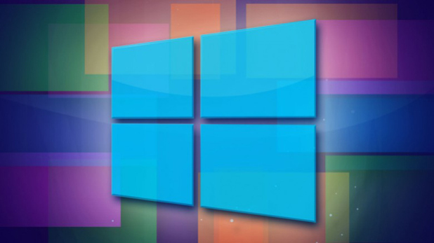 Abstract photograph of a large blue four-pane window shape on a softly blurred multicolor background of purple, orange, and green.